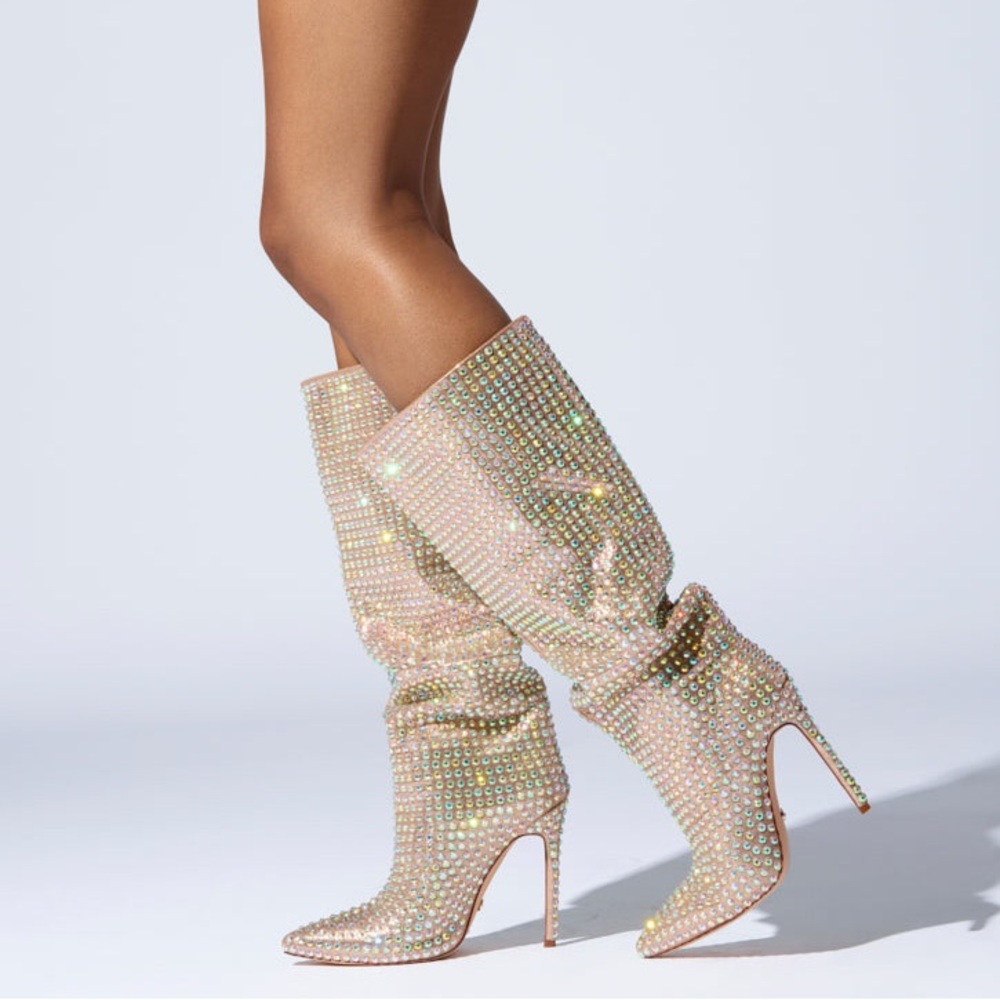 AZALEA WANG STARLEY GOLD RHINESTONE HEELED KNEE HIGH BOOTS NIB